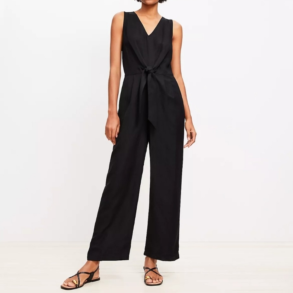 NWT LOFT Women's Black Sleeveless Linen Jumpsuit With Front Bow Tie - Size 12P